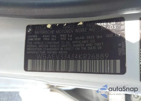 2004 BMW 325I из США, поврежденный, VIN WBAEV33434KR26889